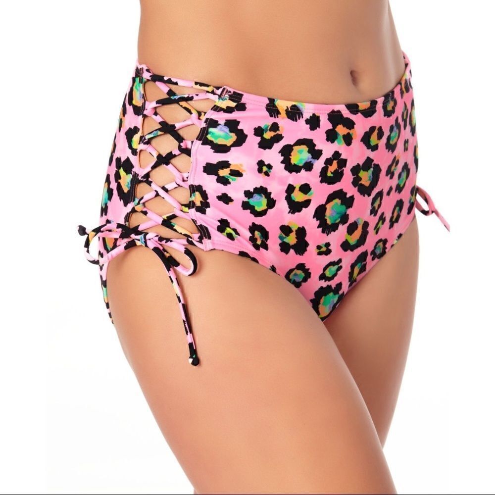 California Waves Juniors Side-Lace High Waist Pink Animal Print Swim Bottoms S